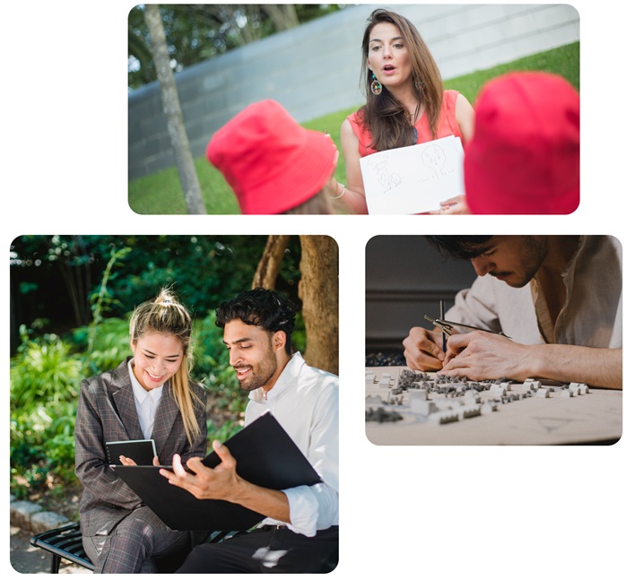 Collage de trois scènes : une animatrice avec des enfants dans un jardin, deux professionnels consultant des documents en extérieur, et un concepteur travaillant sur la maquette d'un espace vert